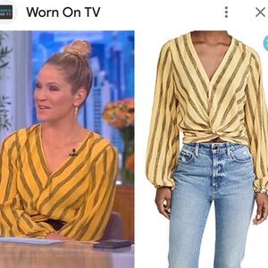 Ramy Brooke Striped Yellow Black Gold metallic Top with long Balloon Sleeves S